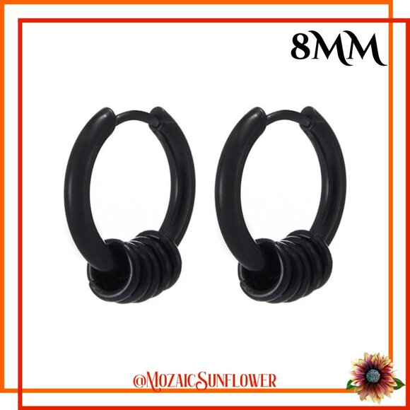 516L BLACK Stainless Steel Hypoallergenic Multi Rings Hoop 8MM Unisex NWT - Picture 1 of 4